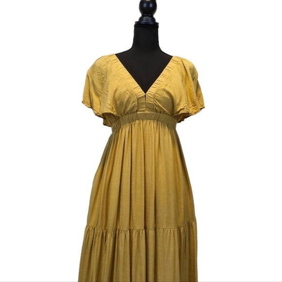 Wishlist Apparel Mustard Deep V-neck 100% Rayon Tiered Swing Maxi Dress Size S - Picture 2 of 14